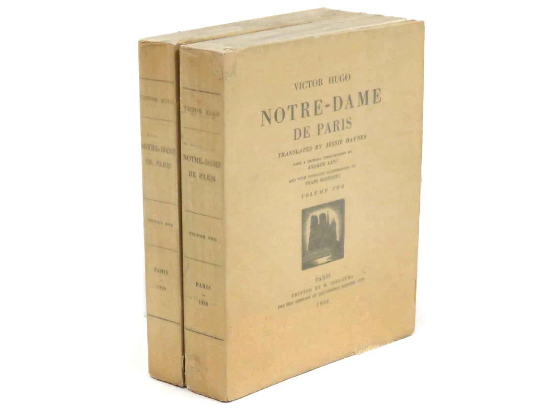 SET (2) NOTRE-DAME DEPARIS, VICTOR HUGO/JESSIE HAYNES,: SET (2) NOTRE-DAME DEPARIS, VICTOR HUGO/JESSIE HAYNES, LIMITED EDITIONS CLUB, #207/1500 (SIGNED BY FRANS MASEREEL, ILLUSTRATOR), R. COULOUMA PUBLISHER, PARIS 1930, ORIGINAL GLASSINE WRAPS