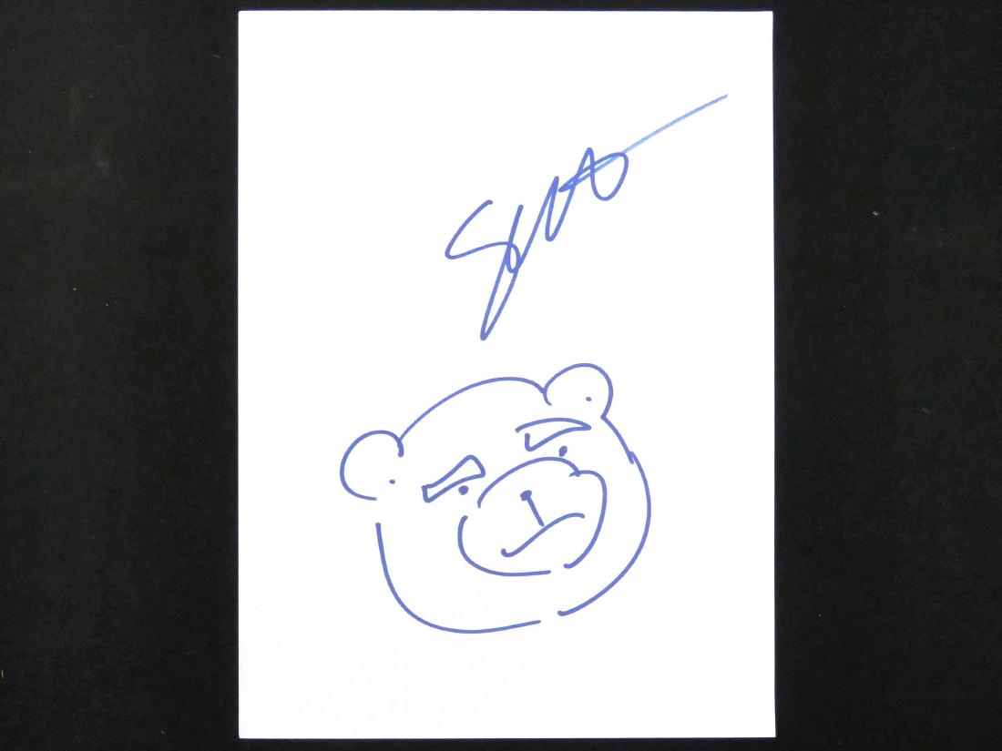 SETH MACFARLANE (AMERICAN 1973-, ACTOR, FILM MAKER),: SETH MACFARLANE (AMERICAN 1973-, ACTOR, FILM MAKER), BLUE MARKER ON PAPER, SIGNED CARICATURE OF TED. SHEET 11 1/2 X 8 1/4"
