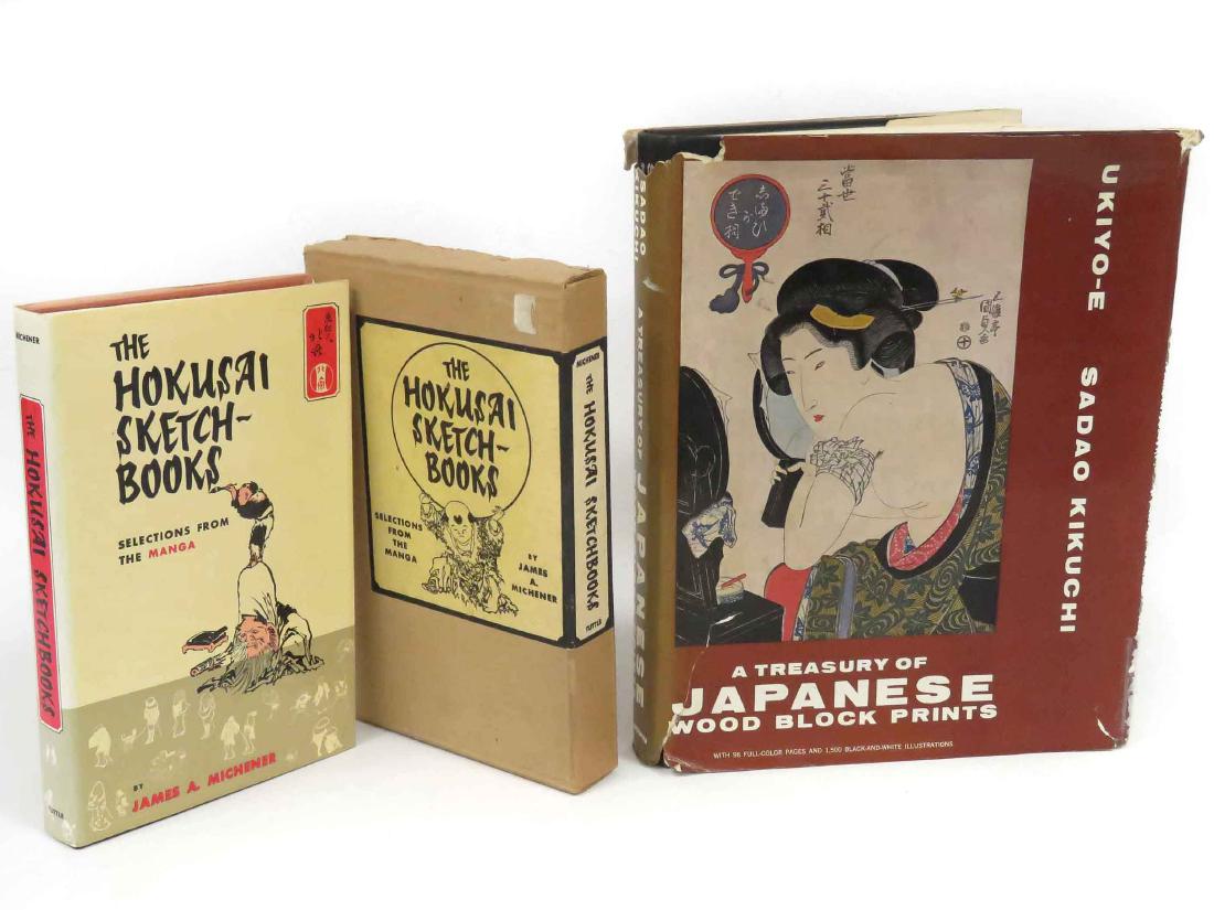 LOT (2) VOLUMES INCLUDING THE HOKUSAI SKETCH BOOKS,: LOT (2) VOLUMES INCLUDING THE HOKUSAI SKETCH BOOKS, MICHENER, TUTTLE, 1971 WITH SLIP CASE (DJ); A TREASURY OF JAPANESE WOOD BLOCK PRINTS, KIKUCHI, CROWN NY, 1963 (DJ)