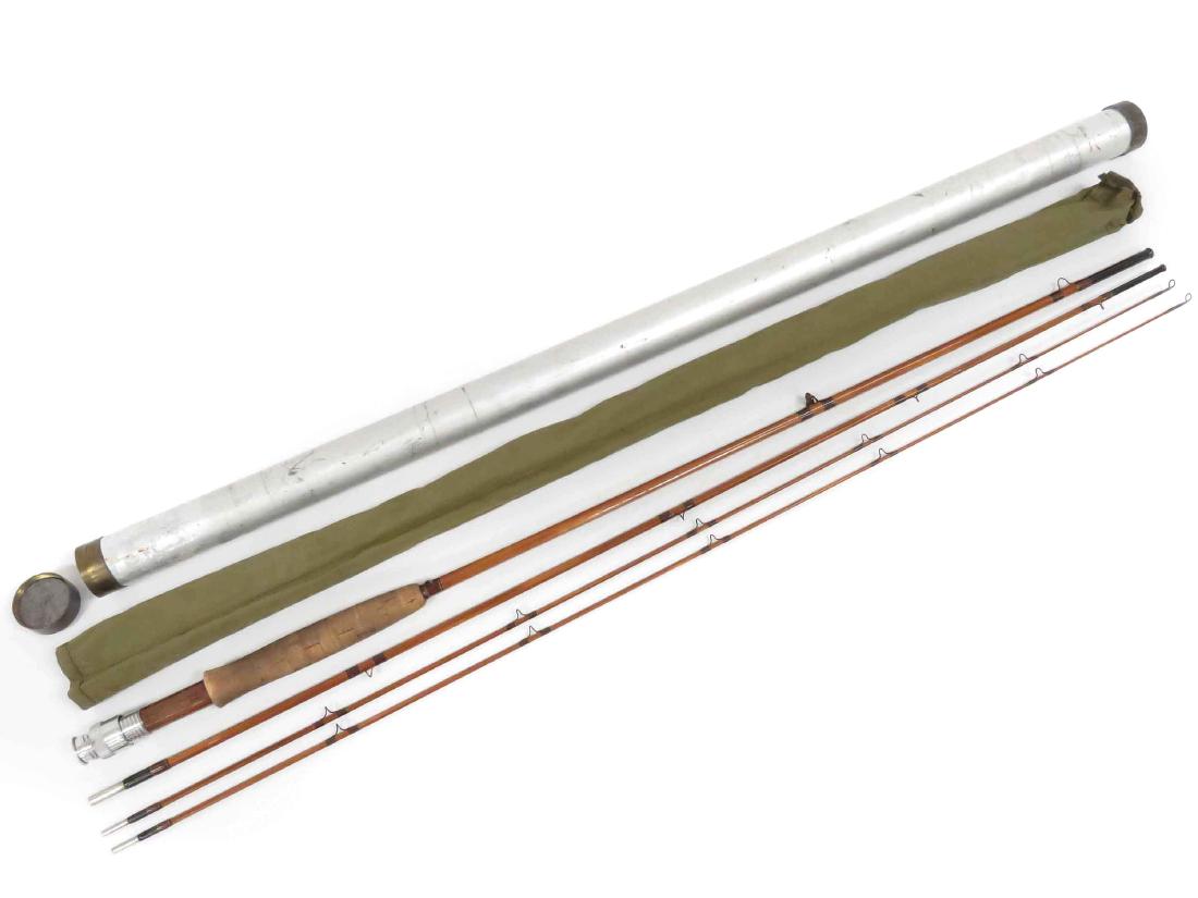 E.F. PAYNE ROD CO. SPLIT BAMBOO 8' FLY FISHING ROD WITH: E.F. PAYNE ROD CO. SPLIT BAMBOO 8' FLY FISHING ROD WITH EXTRA TIP, CANVAS SLIP CASE & METAL TUBE (TAGGED); RETAILED BY ABERCROMBIE & FITCH