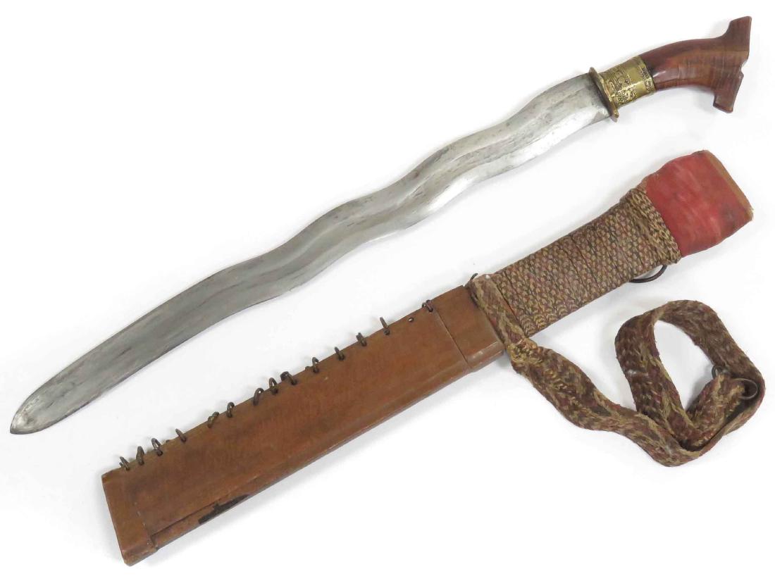 INDONESIAN KRIS WITH SCABBARD & WOVEN BELT. LENGTH ?: INDONESIAN KRIS WITH SCABBARD & WOVEN BELT. LENGTH ?