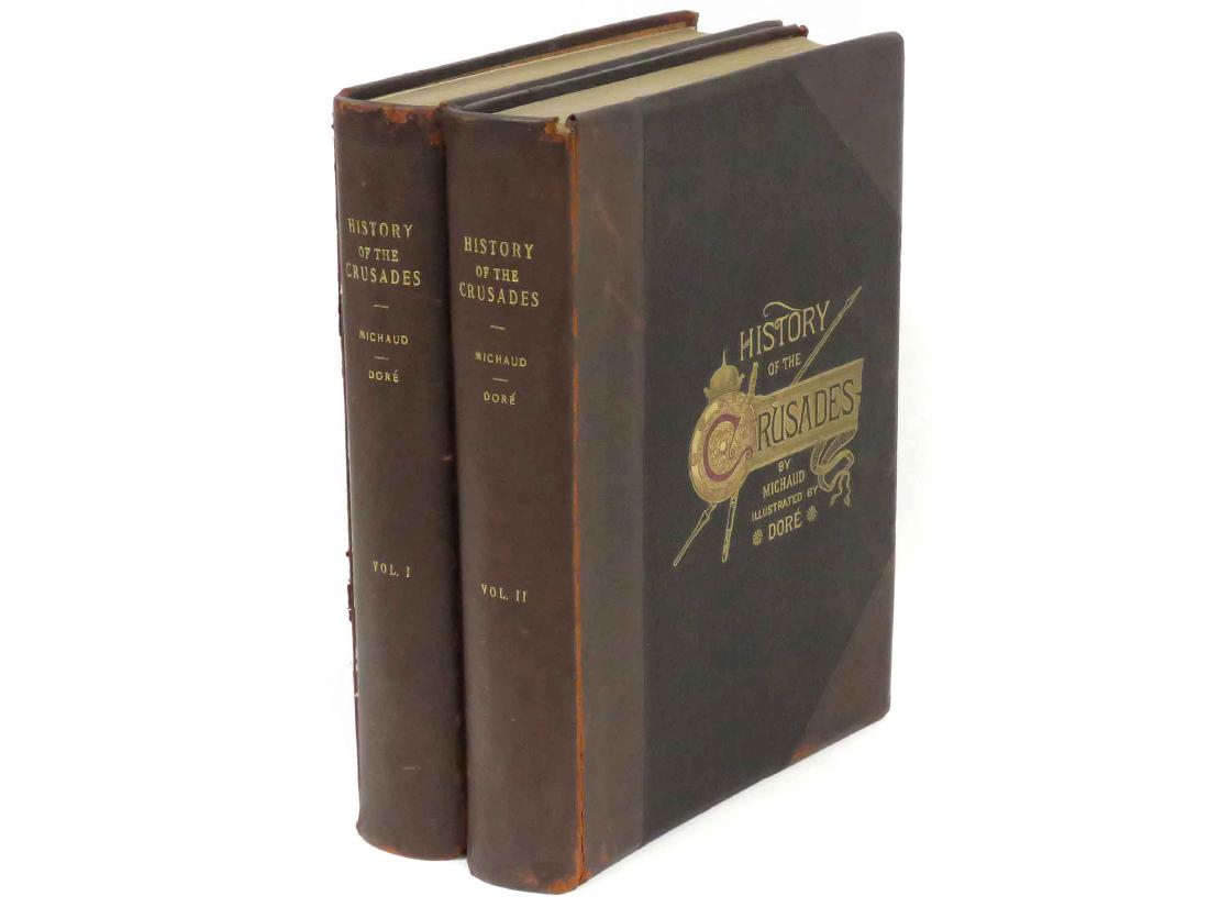 SET (2) FOLIO VOLUMES-HISTORY OF THE CRUSADES, MICHAUD,: SET (2) FOLIO VOLUMES-HISTORY OF THE CRUSADES, MICHAUD, GEORGE BARRIE PUBLISHER, C.1880 QUARTER LEATHER