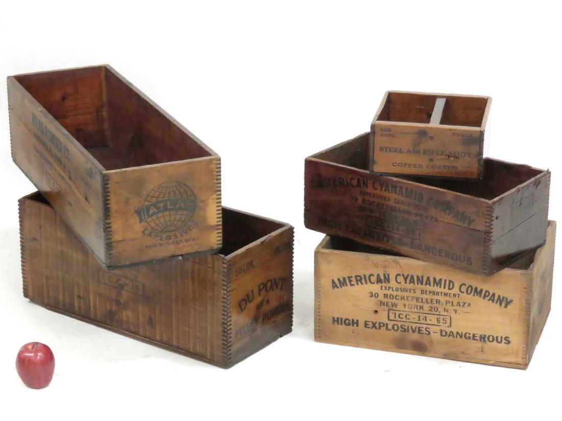 LOT (5) VINTAGE DYNAMITE, BLACK POWDER, SHOT & HIGH: LOT (5) VINTAGE DYNAMITE, BLACK POWDER, SHOT & HIGH EXPLOSIVES WOOD CRATES