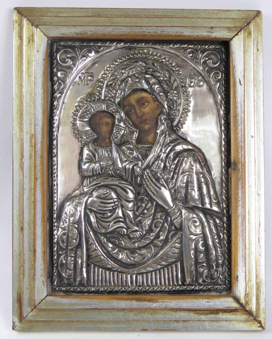 RUSSIAN ICON, MOTHER/CHILD WITH SILVERED OKLAD, 19TH (1 of 1)