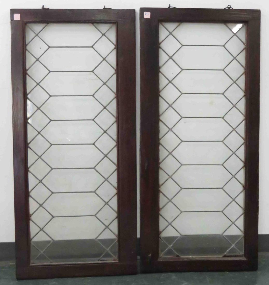 PAIR VINTAGE LEADED GLASS TRANSOM WINDOWS. HEIGHT 20";
