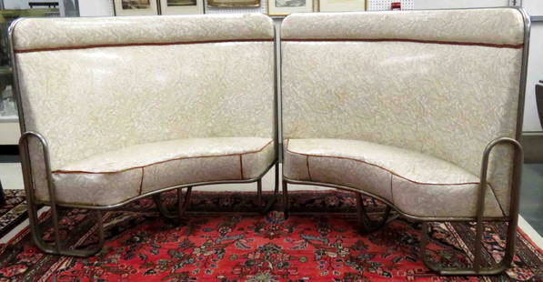 AFTER WARREN MACARTHUR, PAIR VINTAGE TUBE STEEL DINER: AFTER WARREN MACARTHUR, PAIR VINTAGE TUBE STEEL DINER QUARTER ROUND BENCHES. HEIGHT 48"; LENGTH 58"