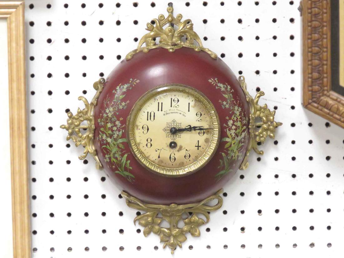 FRENCH PAINTED METAL & ORMOLU MOUNTED CARTEL CLOCK, (1 of 2)