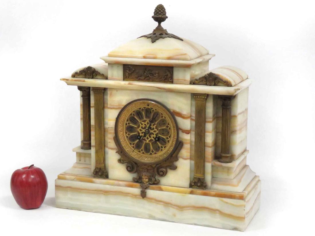 FRENCH CARVED AGATE MANTLE CLOCK WITH BRONZE MOUNTS, (1 of 5)