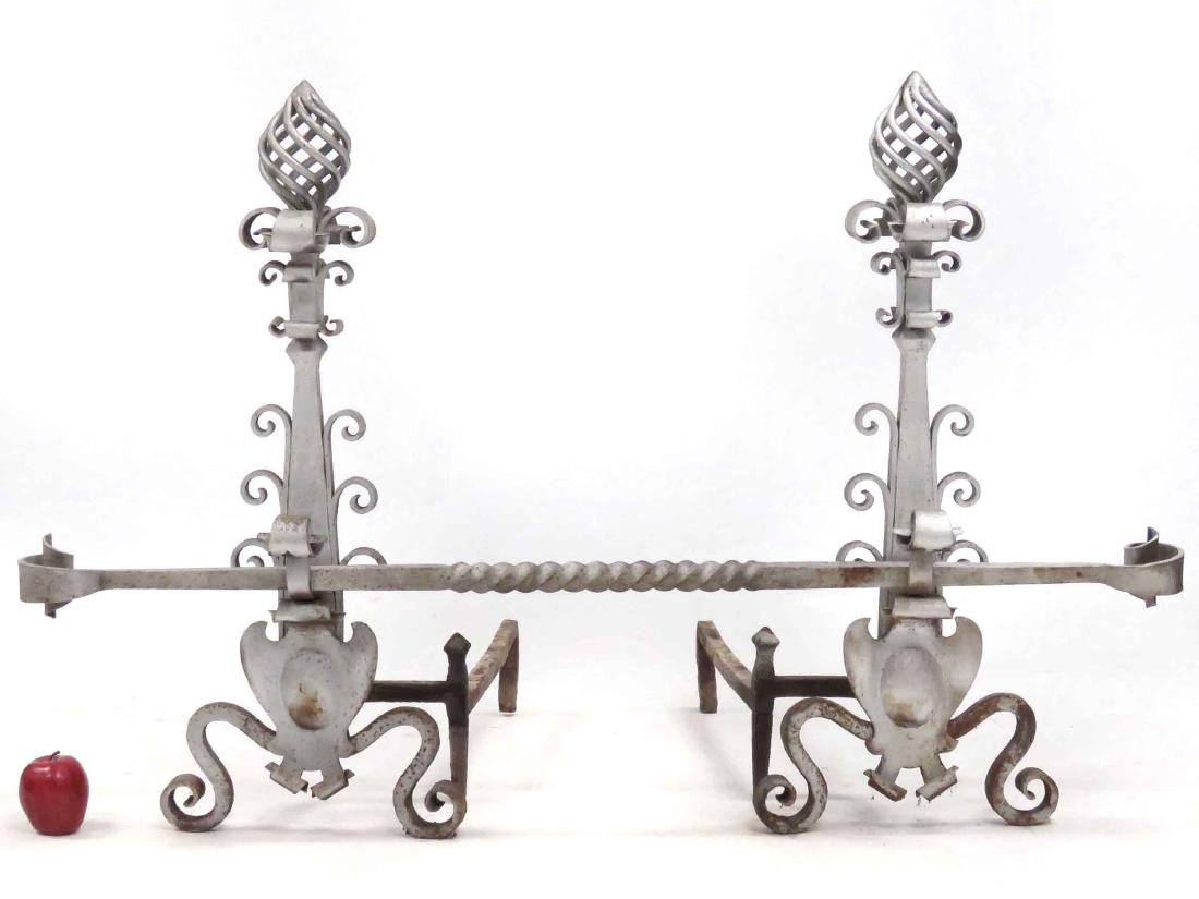 SET RENAISSANCE STYLE WROUGHT IRON ANDIRONS WITH CROSS: SET RENAISSANCE STYLE WROUGHT IRON ANDIRONS WITH CROSS MEMBER, 20TH CENTURY. HEIGHT 34"