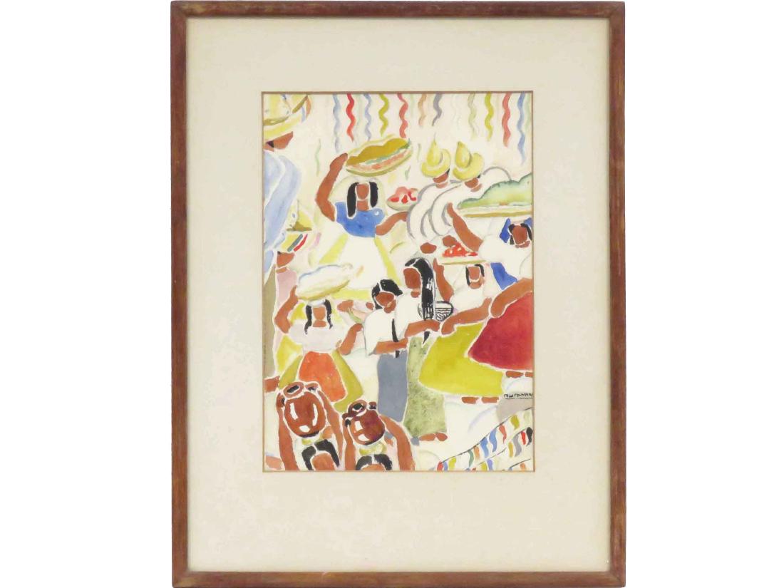 ANA JULIA ALVAREZ (LATIN AMERICAN 1908-2007),: ANA JULIA ALVAREZ (LATIN AMERICAN 1908-2007), WATERCOLOR, MARKET SCENE, SIGNED. SIGHT 9 3/4 X 6 3/4"; FRAMED & GLAZED-15 X 11 1/2"
