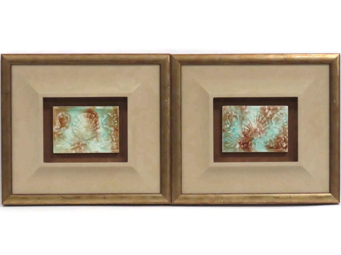 PAIR CONTINENTAL GLAZED CERAMIC TILES, SCALLOP SHELLS, (1 of 3)