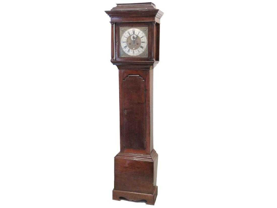 GEORGE III CARVED OAK TALL CASE CLOCK WITH WORKS, (1 of 2)