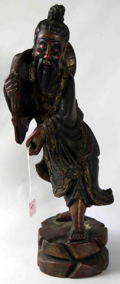 VINTAGE CHINESE CARVED AND POLYCHROMED WOOD FIGURE. (1 of 2)