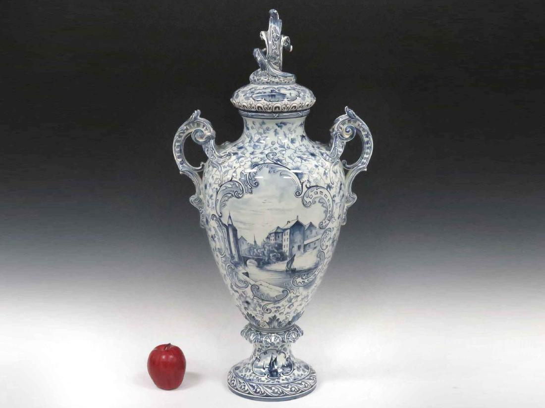 DUTCH DELFT FAIENCE POTTERY DOUBLE-HANDLE COVERED URN, (1 of 7)