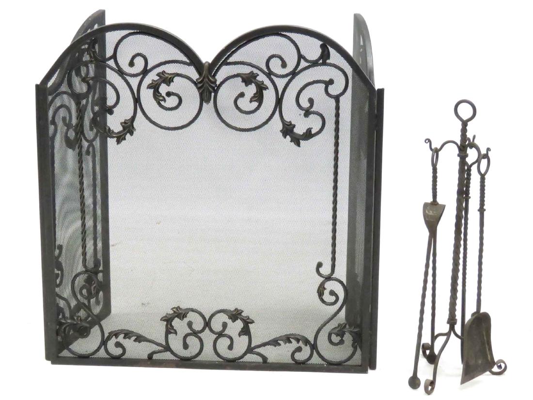 PAINTED IRON FOLIATE FIREPLACE SCREEN AND FIREPLACE (1 of 2)