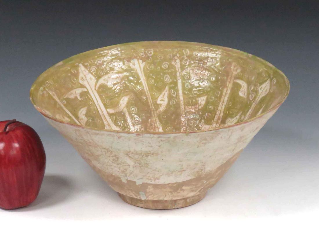 ISLAMIC DECORATED POTTERY BOWL WITH HORSE & RIDER.: ISLAMIC DECORATED POTTERY BOWL WITH HORSE & RIDER. HEIGHT 4 3/4"; DIAMETER 10" (CHIP)