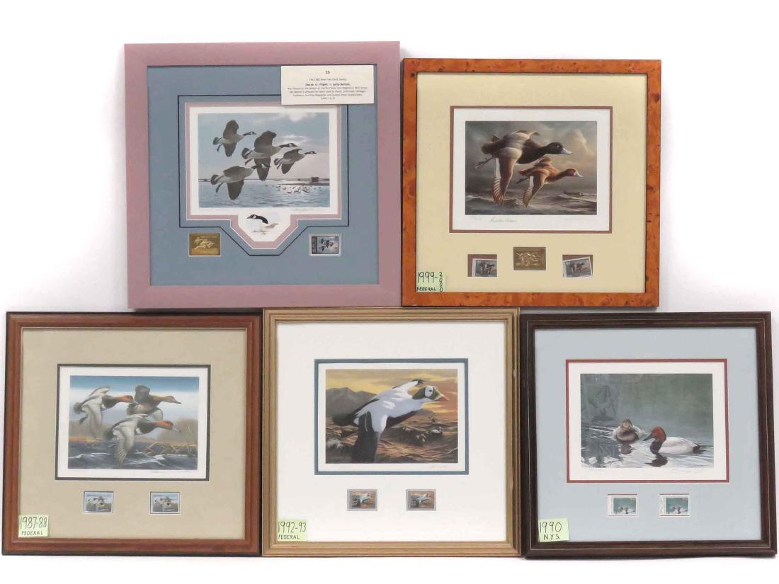 LOT (5) FEDERAL & NY DUCK STAMPS AND PRINTS INCLUDING: LOT (5) FEDERAL & NY DUCK STAMPS AND PRINTS INCLUDING 1985 LARRY BARTON, "GEESE IN FLIGHT" (EXECUTIVE), #14/250; 1999-2000 JAMES HAUTMAN, "GREATER SCAUP" (MEDALLION ED), #758/2000; 1992-93 JOSEPH HAUT