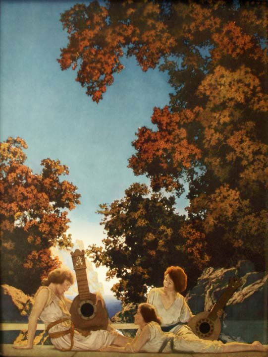 MAXFIELD PARRISH PRINT, "THE LUTE PLATERS": MAXFIELD PARRISH PRINT, "THE LUTE PLAYERS", HOUSE OF ART WITH ORIGINAL FRAME/LABEL. 16 1/2 X 13"