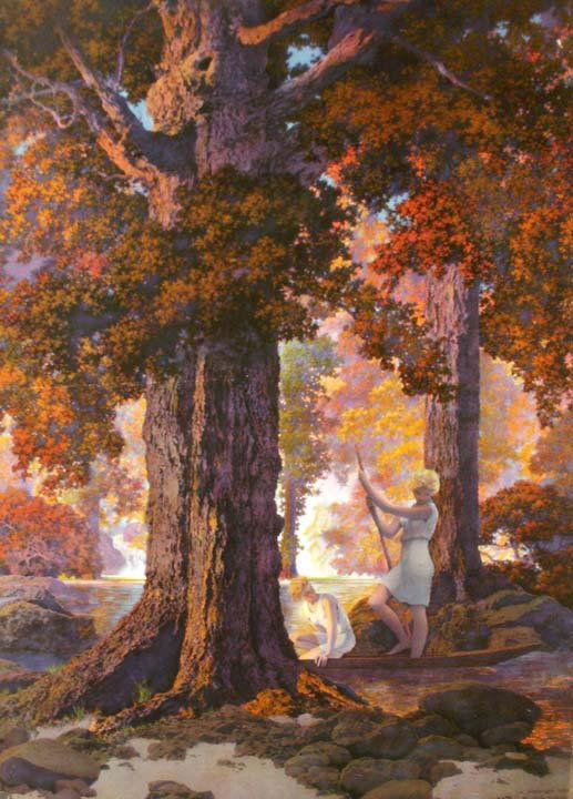 MAXFIELD PARRISH PRINT, GOLDEN HOURS, 1927: MAXFIELD PARRISH PRINT, GOLDEN HOURS, 1927 (FROM THE 1927 EDISON LAMP WORKS CALENDAR). 22 X 14 1/2"; FRAMED & GLAZED-OVERALL 23 X 16"
