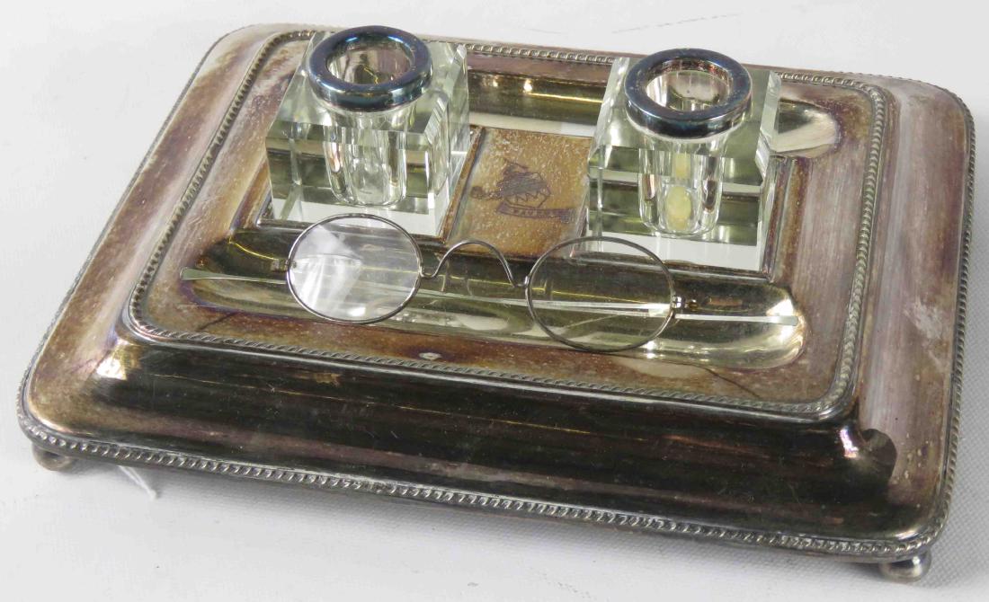 SHEFFIELD SILVER PLATE ARMORIAL INKWELL SET WITH (1 of 4)