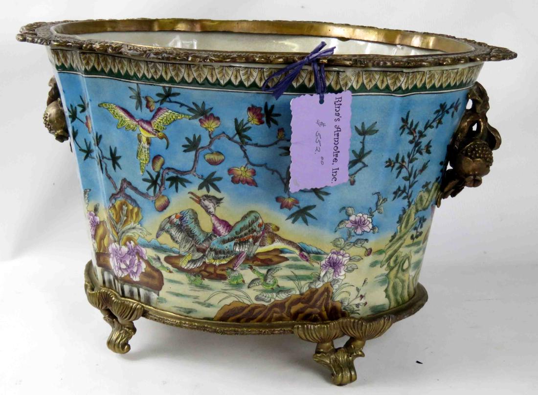 DECORATED PORCELAIN COOLER WITH BRASS ORMOLU MOUNTS.: DECORATED PORCELAIN COOLER WITH BRASS ORMOLU MOUNTS. HEIGHT 10"; LENGTH 16"