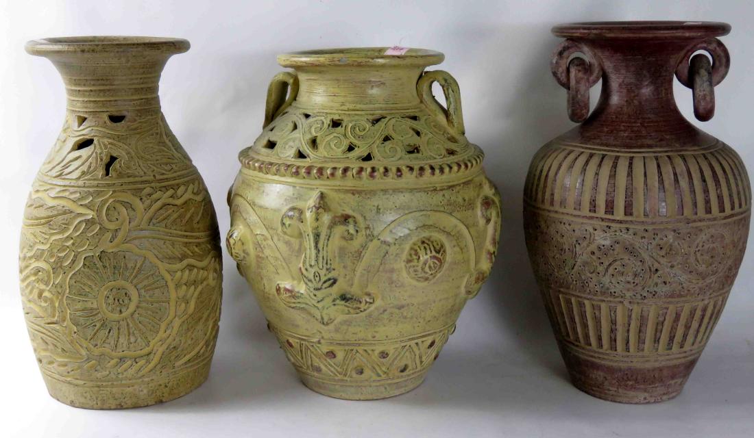 LOT (3) CARVED POTTERY VASES. HEIGHT 14-15 1/2" (1 of 1)