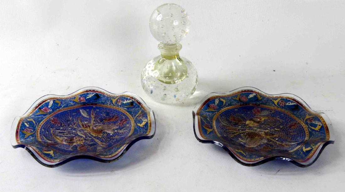 LOT (2) INCLUDING PAIRPOINT STYLE PAPERWEIGHT AND CASED: LOT (2) INCLUDING PAIRPOINT STYLE PAPERWEIGHT AND CASED BUBBLE PERFUME AND PAIR FLUTED ENAMEL DECORATED PLATES. DIAMETER 6"