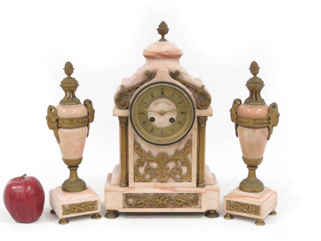 FRENCH EMPIRE CLOCK SET WITH PINK MARBLE AND ORMOLU (1 of 4)