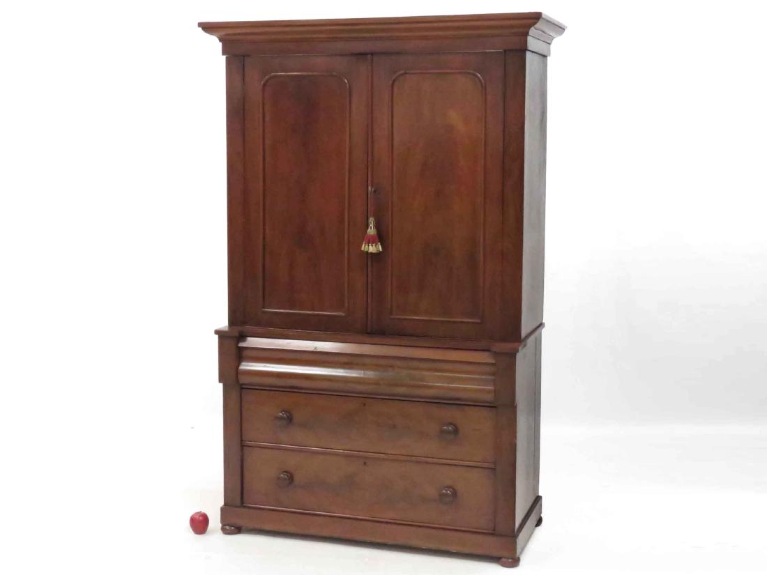 EMPIRE MAHOGANY LINEN PRESS/CABINET, 19TH CENTURY.: EMPIRE MAHOGANY LINEN PRESS/CABINET, 19TH CENTURY. HEIGHT 80"; WIDTH 47"