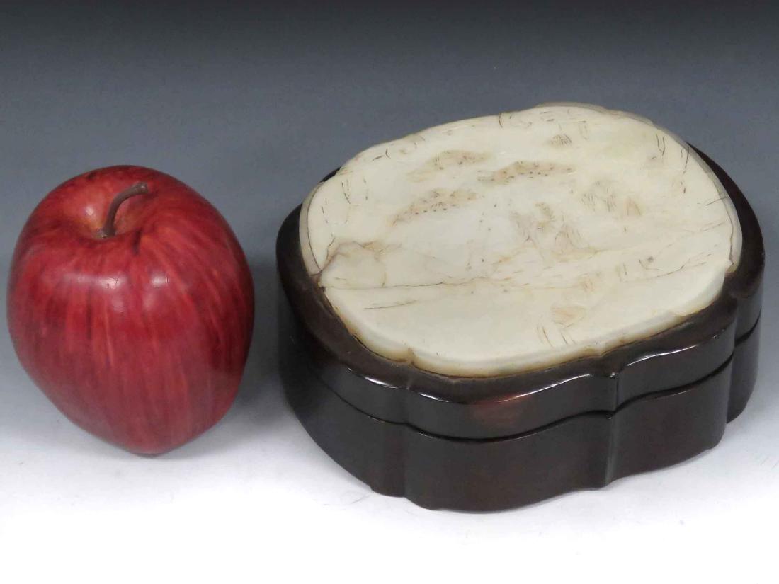 CHINESE SHAPED HARDWOOD COVERED BOX WITH CARVED JADE (1 of 4)