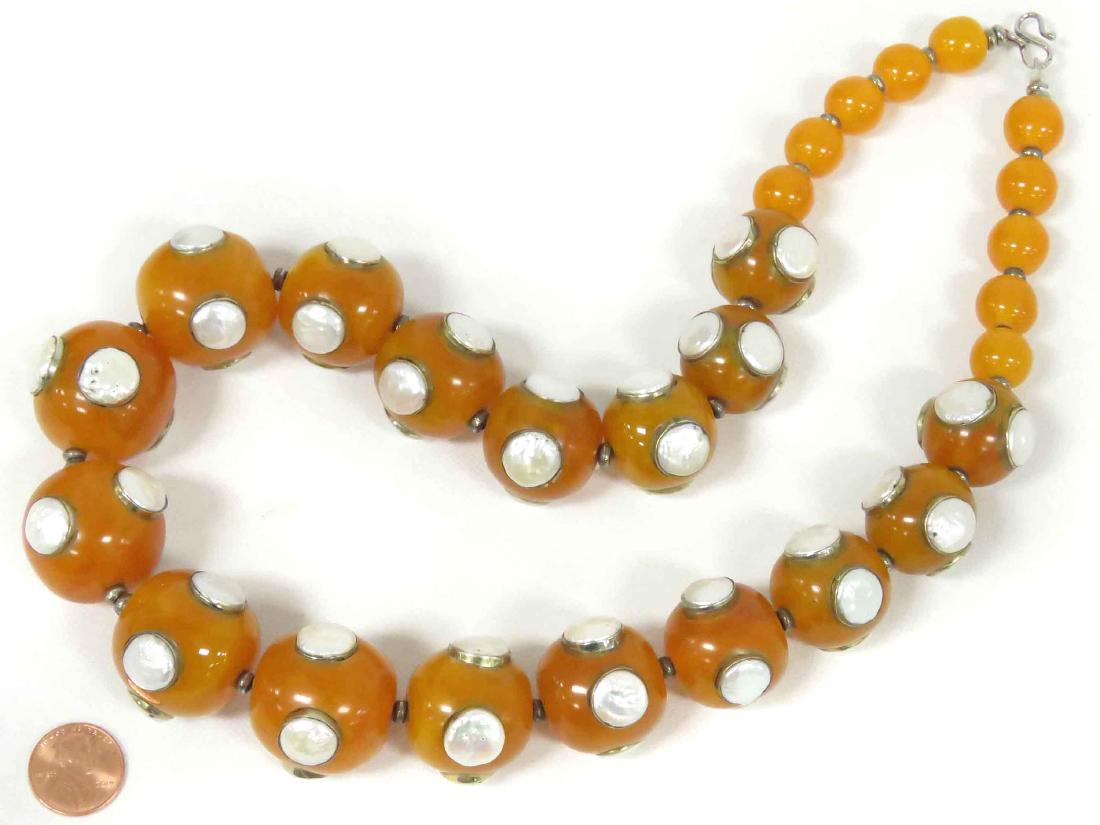 AMBER BEADED NECKLACE WITH (17) LARGE MOTHER-OF-PEARL (1 of 3)