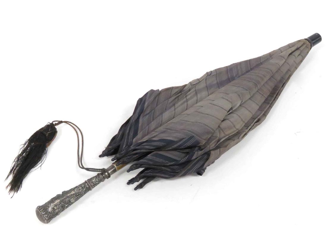 VICTORIAN SILVER HANDLED UMBRELLA. HANDLE/LENGTH 5 1/8"; (1 of 5)