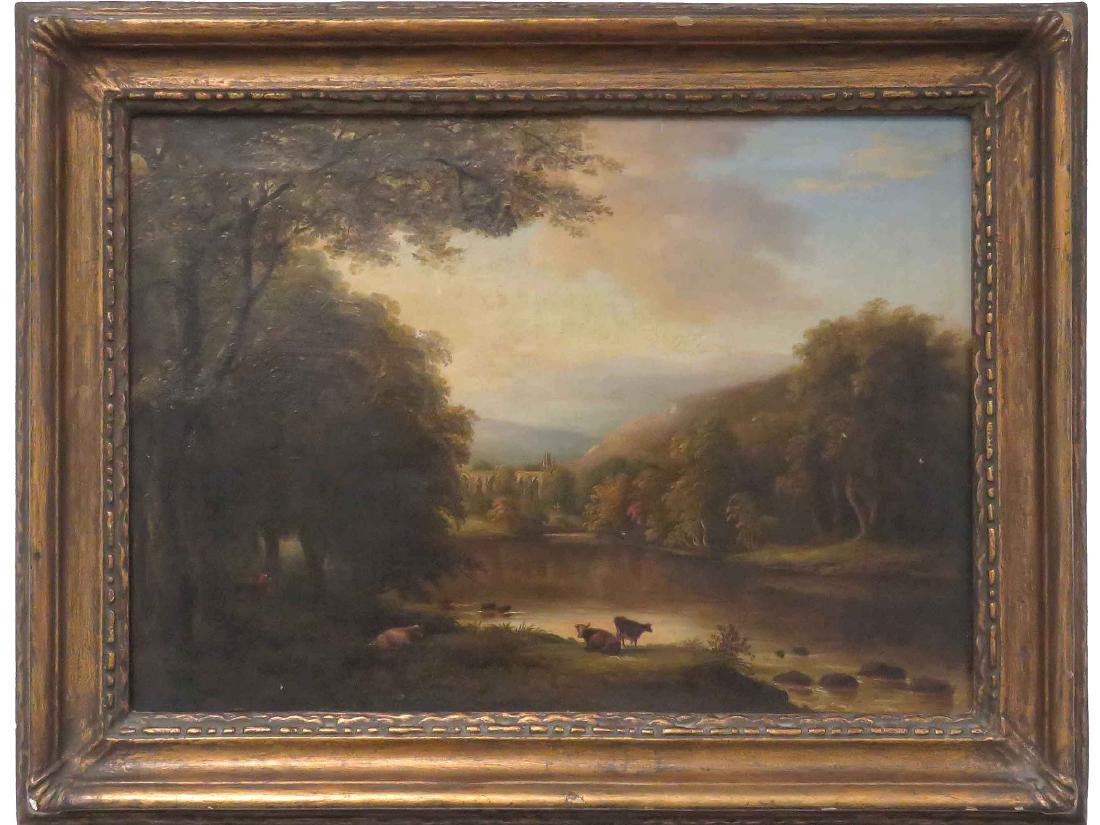 ENGLISH SCHOOL (19TH CENTURY), OIL ON CANVAS, COWS BY A (1 of 6)