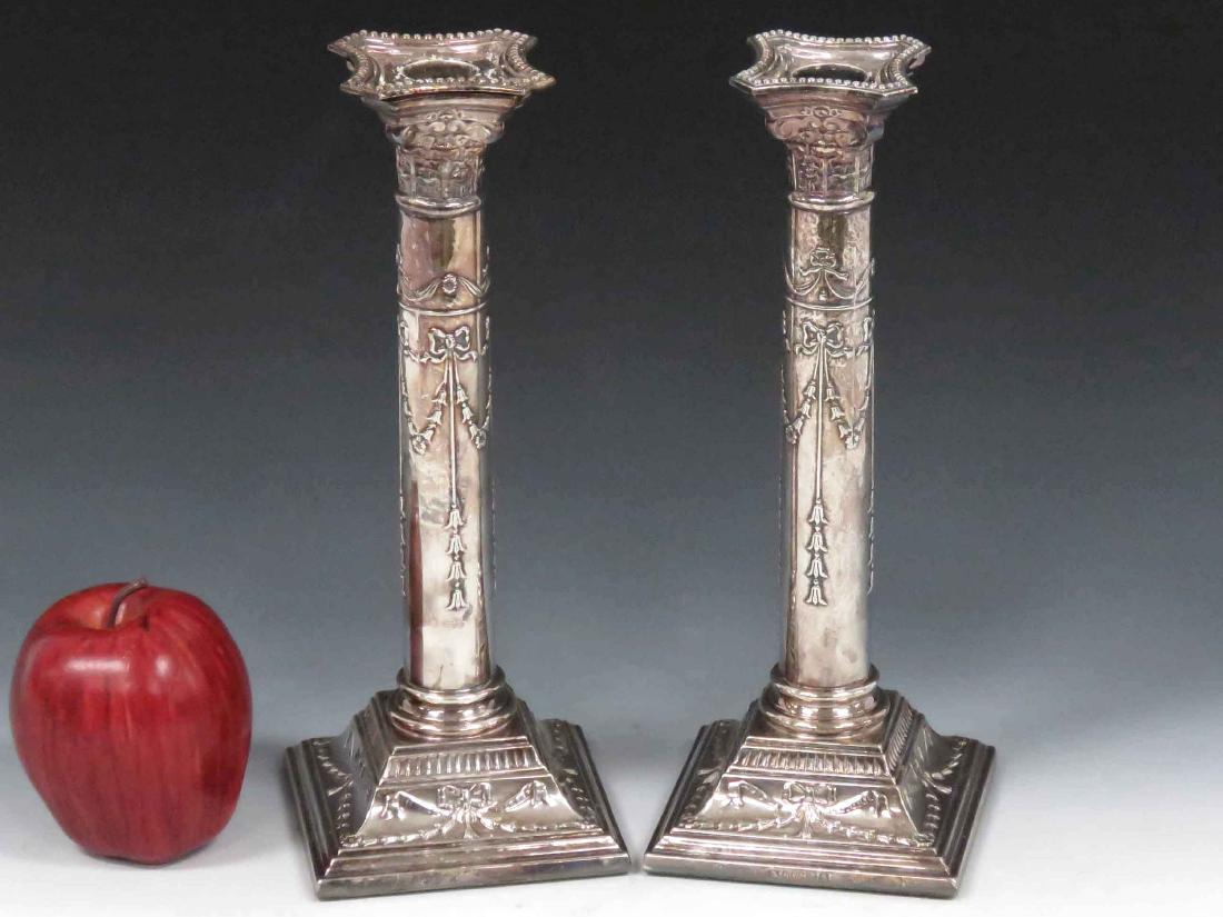 PAIR ENGLISH SILVER PLATE WEIGHTED CANDLESTICKS, (1 of 3)