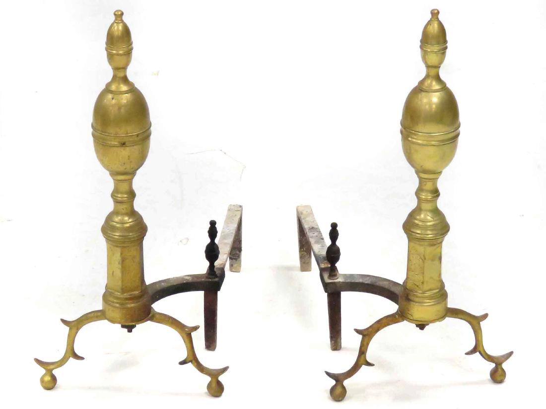 PAIR FEDERAL STYLE BRASS LEMON-TOP ANDIRONS. HEIGHT 25" (1 of 1)