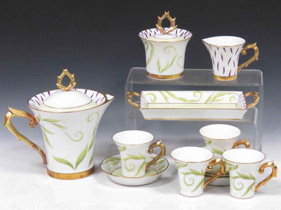 SET BERNARDAUD "FRIVOLE" PORCELAIN TEAPOT: SET BERNARDAUD "FRIVOLE" PORCELAIN TEAPOT CREAMER/SUGAR, CUPS & SAUCERS. TEAPOT/HEIGHT 9"