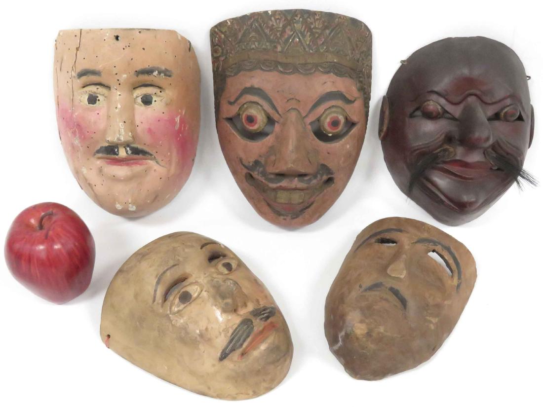 LOT (5) ASSORTED MEXICAN & BALINESE DANCE MASKS. HEIGHT (1 of 2)