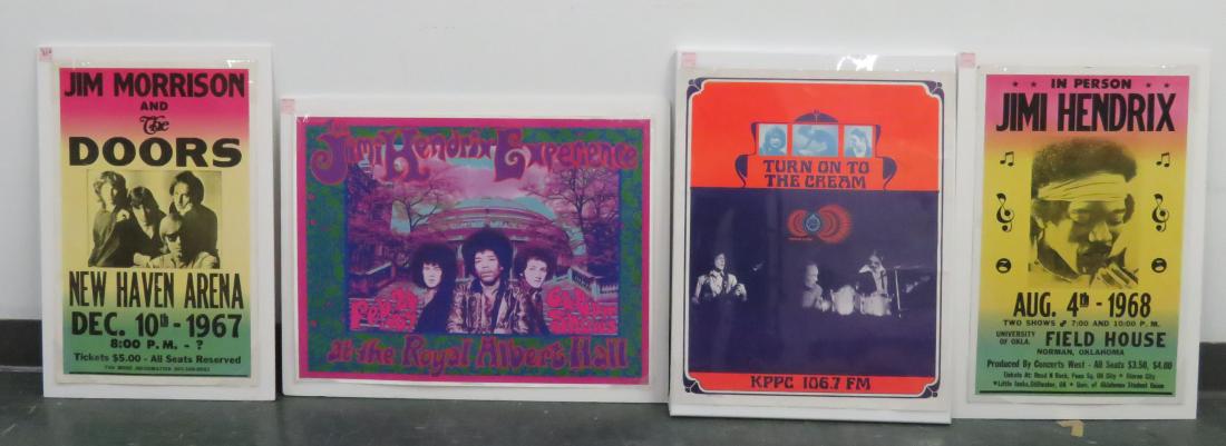 LOT (4) VINTAGE ROCK AND ROLL CONCERT PHOTOS INCLUDING: LOT (4) VINTAGE ROCK AND ROLL CONCERT PHOTOS INCLUDING JIMI HENDRIX, UNIVERSITY OF OKLAHOMA FIELD HOUSE, AUG. 4, 1968, 22 X 14"; JIM MORRISON & THE DOORS, NEW HAVEN ARENA, DEC. 10, 1967, 22 X 14"; JIM