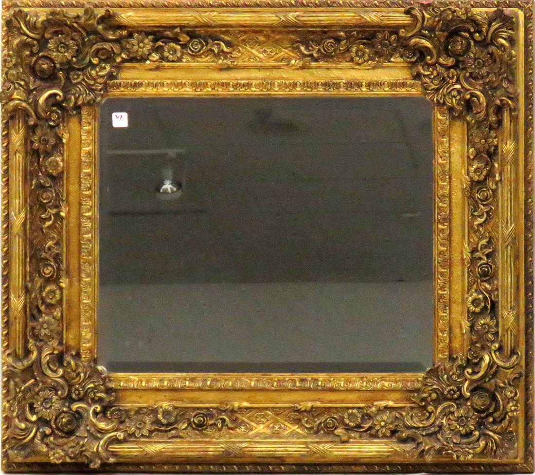 ANTIQUE STYLE DECORATIVE ORNATE GOLD FRAMED BEVELED: ANTIQUE STYLE DECORATIVE ORNATE GOLD FRAMED BEVELED MIRROR. OVERALL 34 X 37" (PAINT CHIPS)