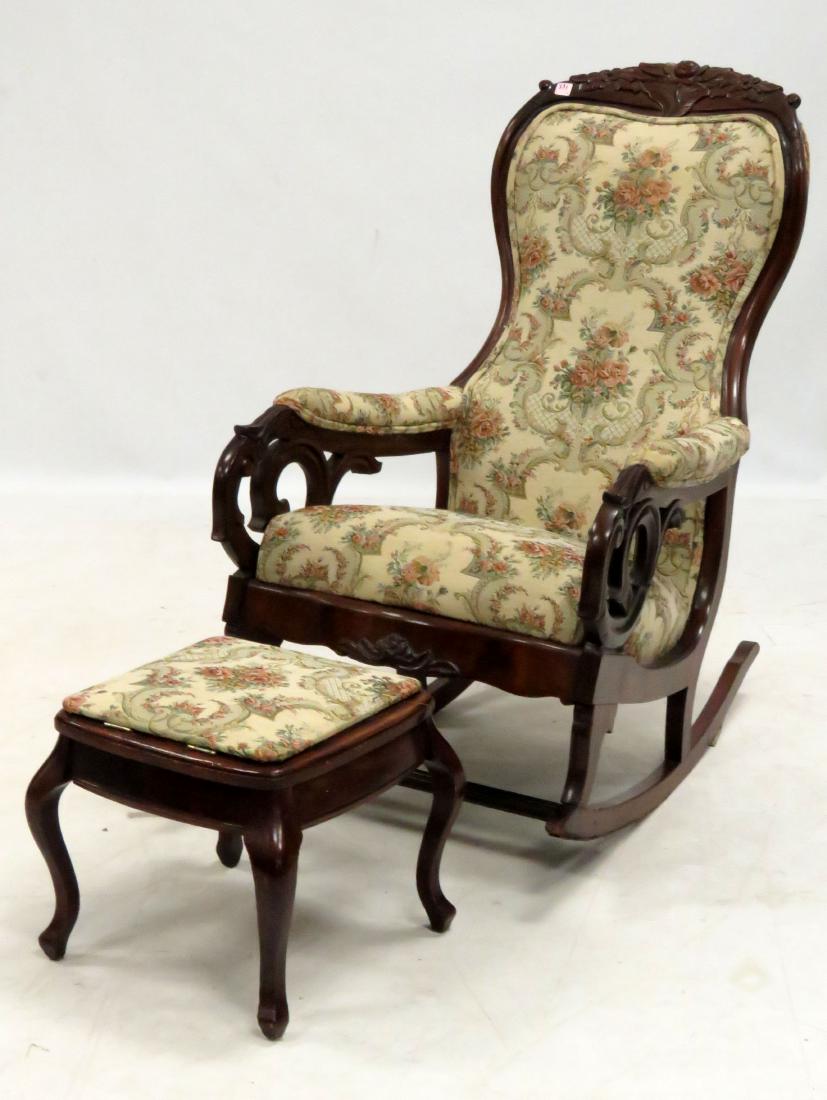 VICTORIAN CARVED WALNUT LINCOLN ROCKER & FOOT STOOL,: VICTORIAN CARVED WALNUT LINCOLN ROCKER & FOOT STOOL, 19TH CENTURY