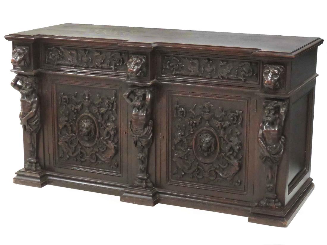 RENAISSANCE REVIVAL CARVED OAK SIDEBOARD, SIGNED GEO.: RENAISSANCE REVIVAL CARVED OAK SIDEBOARD, SIGNED GEO. C. FLINT, NY, 19/20TH CENTURY. HEIGHT 36 1/2"; WIDTH 67"