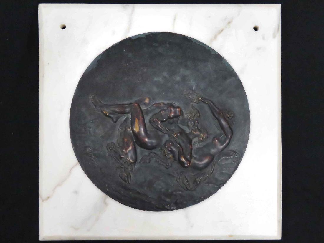AFTER CLAUDE-MICHEL CLODIAN (FRENCH 1783-1814), BRONZE: AFTER CLAUDE-MICHEL CLODIAN (FRENCH 1783-1814), BRONZE ROUNDEL SET IN MARBLE PANEL, SIGNED MARBLE 14 X 14 1/4"