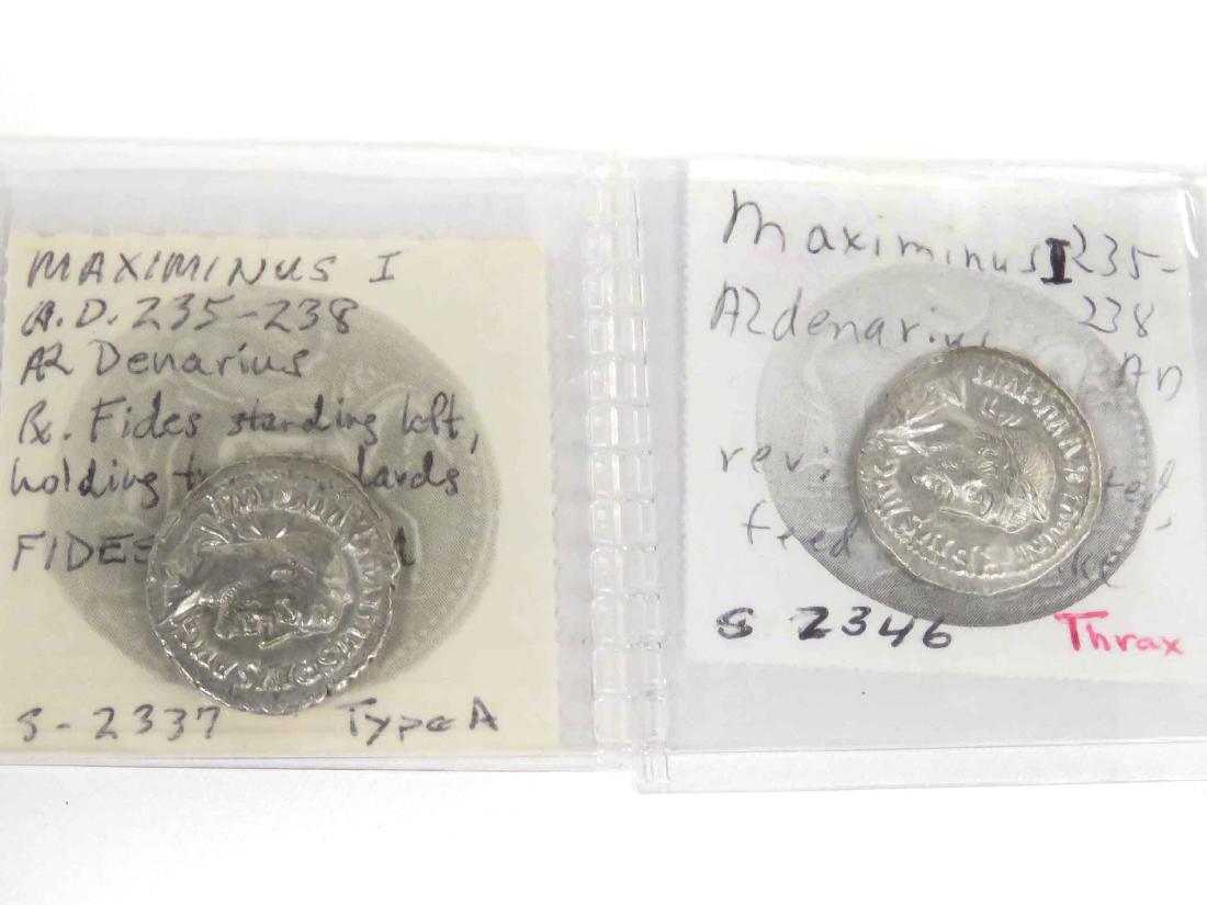 LOT (2) IMPERIAL ROMAN SILVER COINS INCLUDING MAXIMINUS: LOT (2) IMPERIAL ROMAN SILVER COINS INCLUDING MAXIMINUS I, AD 235-238, AR DENARUS. 20MM