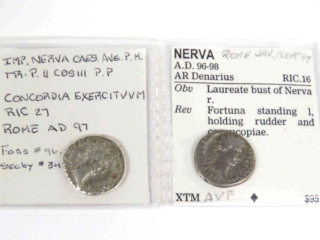LOT (2) IMPERIAL ROMAN SILVER COINS, NERVA AS CAESAR: LOT (2) IMPERIAL ROMAN SILVER COINS, NERVA AS CAESAR (AD 96-98) AR DENARIUS. 18MM