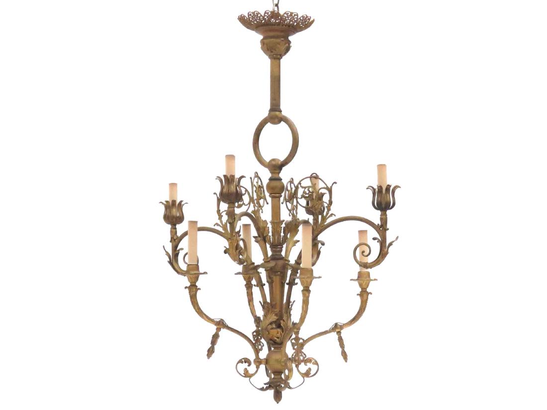 VINTAGE BRADLEY & HUBBARD GILT METAL GAS CHANDELIER: VINTAGE BRADLEY & HUBBARD GILT METAL GAS CHANDELIER (ELECTRIFIED), SIGNED. HEIGHT 36"