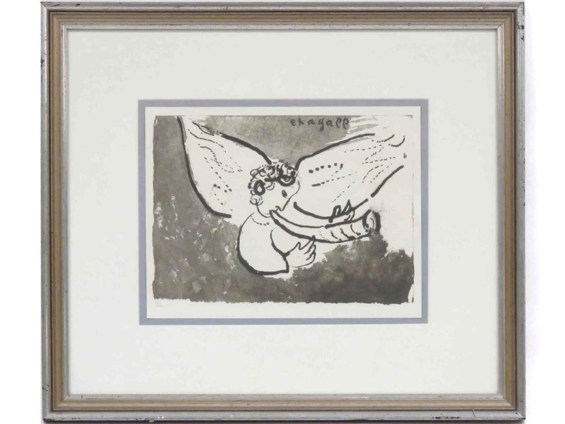 MARC CHAGALL (RUSSIAN/FRENCH 1887-1985) ETCHING,: MARC CHAGALL (RUSSIAN/FRENCH 1887-1985) ETCHING, "UNIVERSAL DECLARATION OF HUMAN RIGHTS" FOR THE WORLD FEDERATION OF UNITED NATIONS ASSOCIATIONS, UNSIGNED, #12/1000, 1989. SHEET 8 1/2 X 11"; FRAMED AN