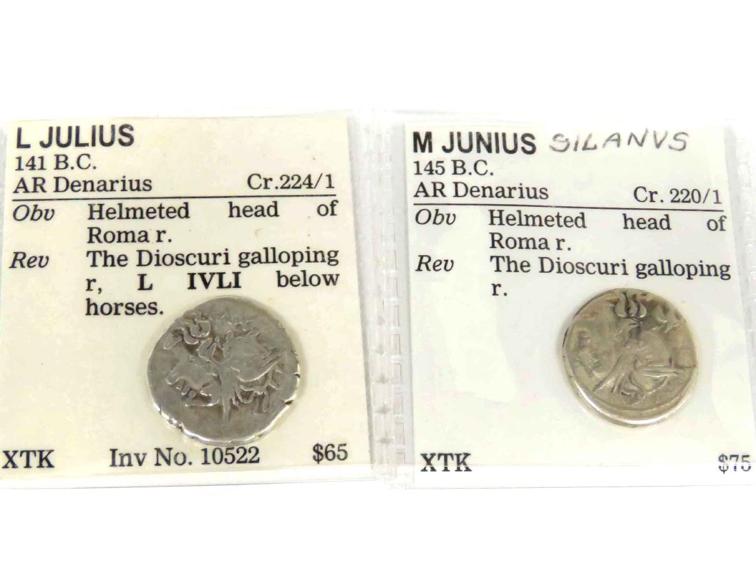 LOT (2) ROMAN REPUBLIC SILVER COINS INCLUDING L. JULIUS: LOT (2) ROMAN REPUBLIC SILVER COINS INCLUDING L. JULIUS CAESAR (141 BC) AR DENARIUS (18MM) M. JUNIUS SILANUS (145 BC) AR DENARIUS (18MM)