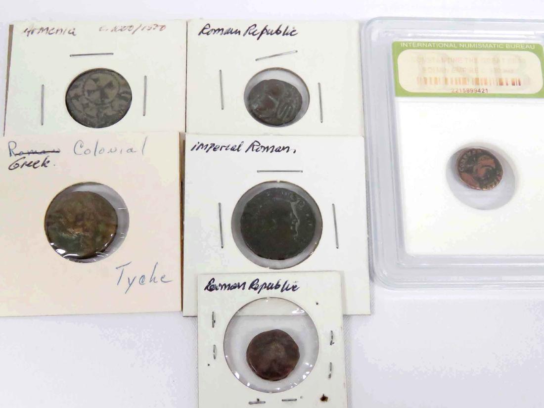 LOT (6) ANCIENT BRONZE COINS INCLUDING GREEK, ROMAN,: LOT (6) ANCIENT BRONZE COINS INCLUDING GREEK, ROMAN, REPUBLIC, IMPERIAL ROMAN, ARMENIAN, C.1000