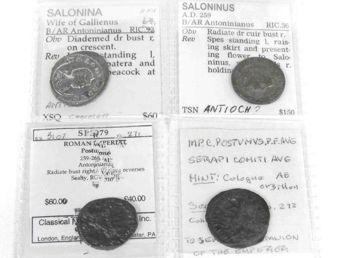 LOT (4) IMPERIAL ROMAN COINS, INCLUDING SALONINUS-SON: LOT (4) IMPERIAL ROMAN COINS, INCLUDING SALONINUS-SON OF GALLIENUS (AD 259) B/AR ANTONINIANUS (20MM); SALONINA-WIFE OF GALLIENUS (AD 256-257) B/AR ANTONINIANUS (22MM); POSTUMUS (AD 276-282); (2) BILLI