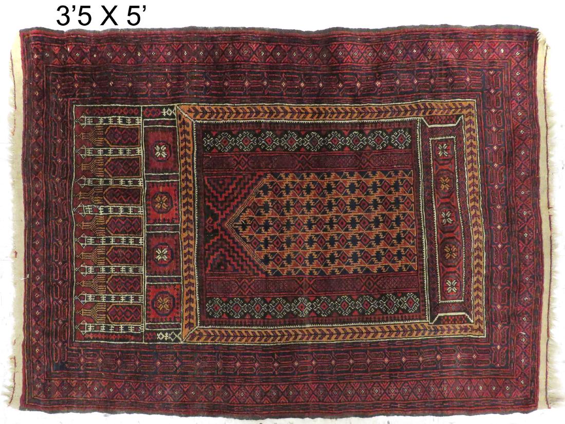 ANTIQUE BELOUCH PRAYER RUG. 3'5" X 5': ANTIQUE BELOUCH PRAYER RUG. 3'5" X 5'